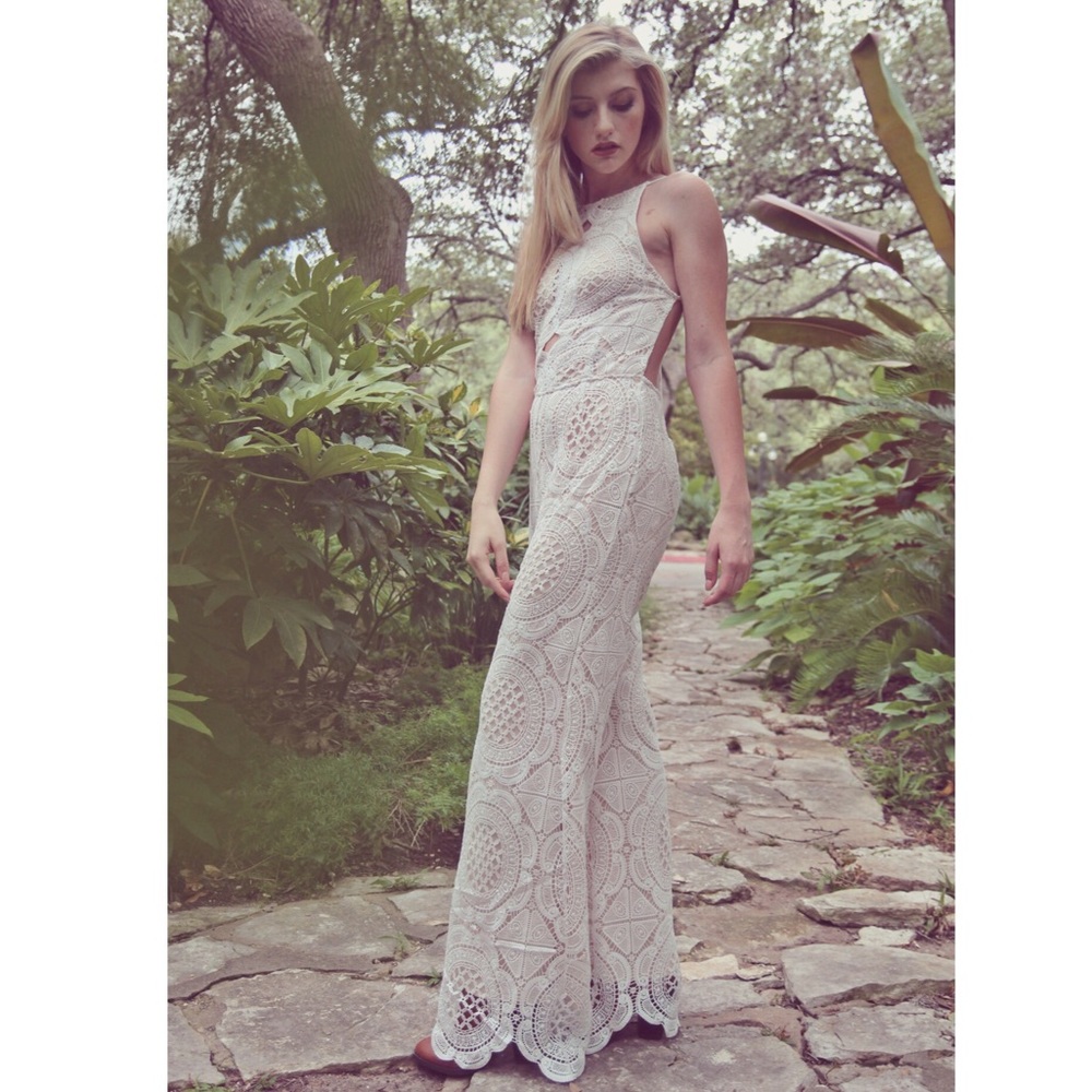 Crochet Backless Scallop Hem Flare Leg Jumpsuit